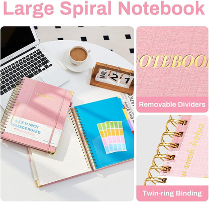 Ovesmusl Hardcover Spiral Notebook 8.5" x 11" with 5 Removable Dividers 300 Pages Leather 5 Subject Notebook College Ruled 100GSM Large Spiral Notebooks for Work Thick Lined Journal for Women, Green