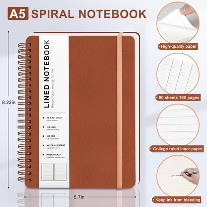 Lined Spiral Journal Notebook, A5 Hardcover Leather Notebook for Work, 5.7''×8.2'', 100GSM Thick Paper Spiral Bound Journaling Notebooks for Women & Men Office School Note Taking Business, Black