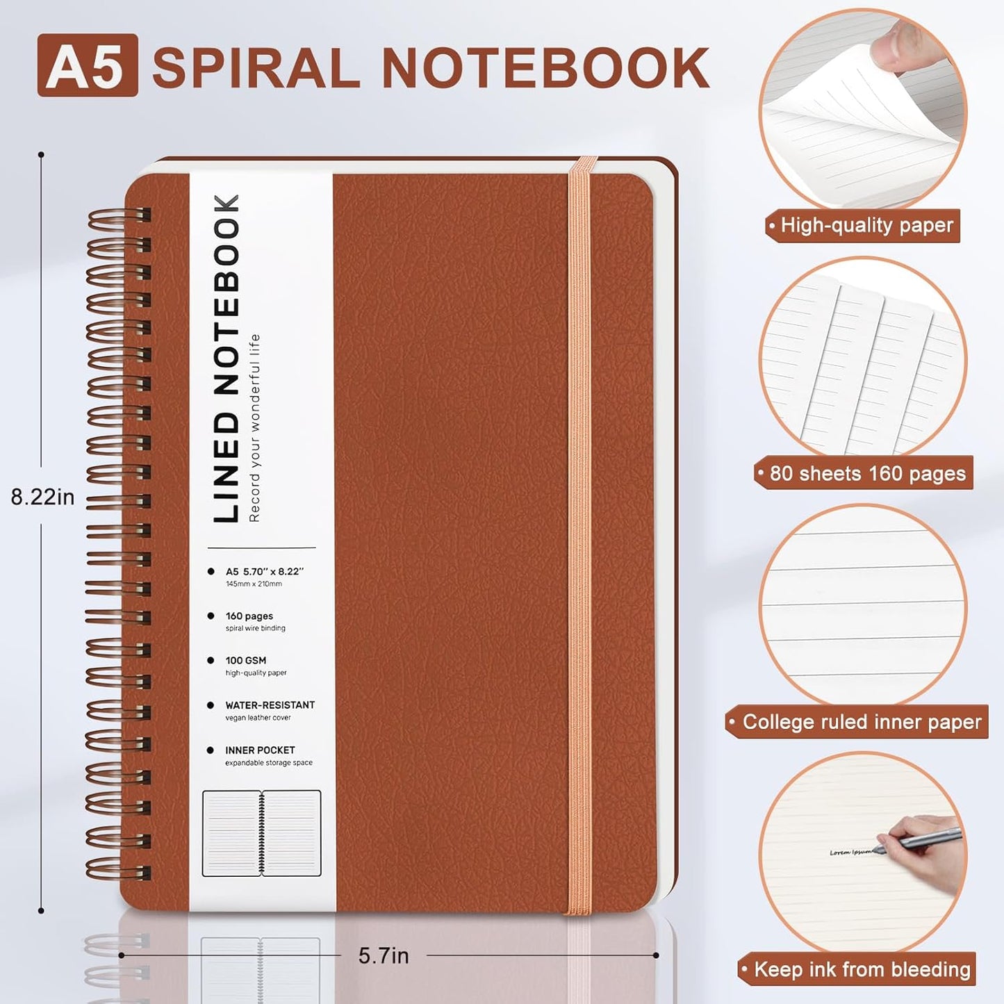 ABERLLS Lined Spiral Journal Notebook with 160 Pages, 8×5.7in, A5 Spiral Notebook, Journaling Notebooks for Work, School, Women, Men, College Ruled Spiral Notebook, Hardcover Leather Journals, Blue