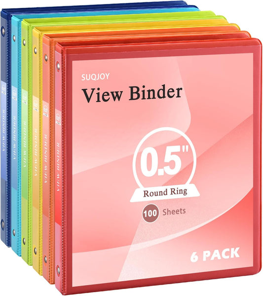 SUQJOY 3-Ring Binder, 1 Inch Round Ring, Clear View Cover with 2 Inside Pockets, PVC-Free, Assorted Colors Binders, Holds 8.5 x 11 Inch Paper, 12 Count