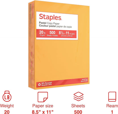 Staples Pastel Colored Copy Paper 8 1/2-Inch x 11-Inch Pink 500/Ream, For Office, School & Home