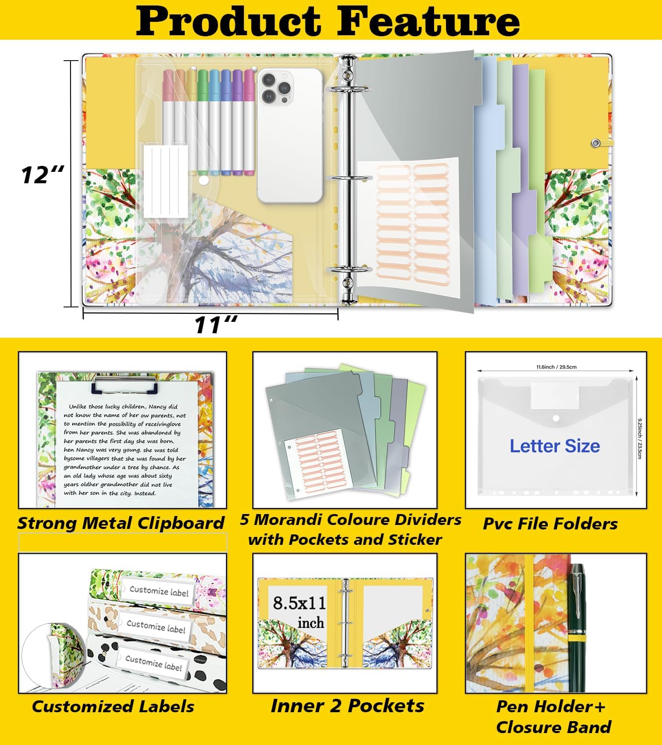 3 Ring Binder 1 Inch, Three Ring Binders Organizer with Clipboard, 5-Tabs Pockets Dividers, Plastic Folder, 18 Divider Stikers, BVSSX Pretty Binder with Pen Loop (Black Weeds, Letter Size)