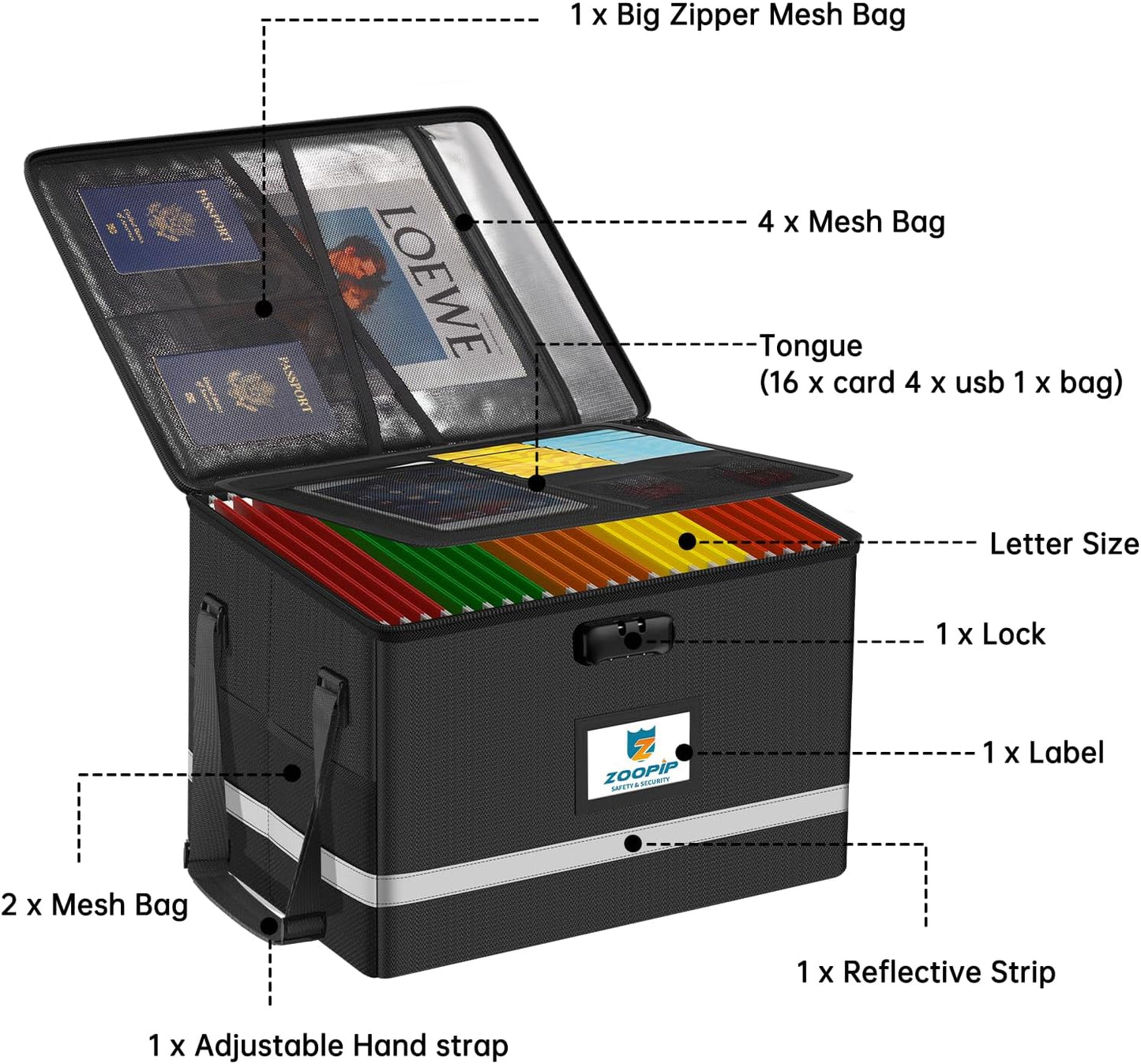 Fireproof File Box with Lock, Document Box Storage Organizer, Suitable for Hanging File Folders in Letter Size, Collapsible File Box, Reflective Strip for Fast Find (12.2"*6"*10.2, Black)