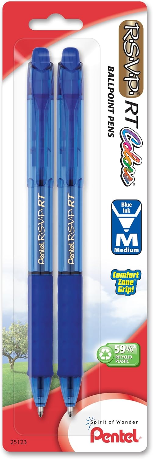 Pentel RSVP RT Colors Retractable Ballpoint Pen, (1.0mm) Medium Line, Assorted InkColors, Pack of 8 (BK93CRBP8M)