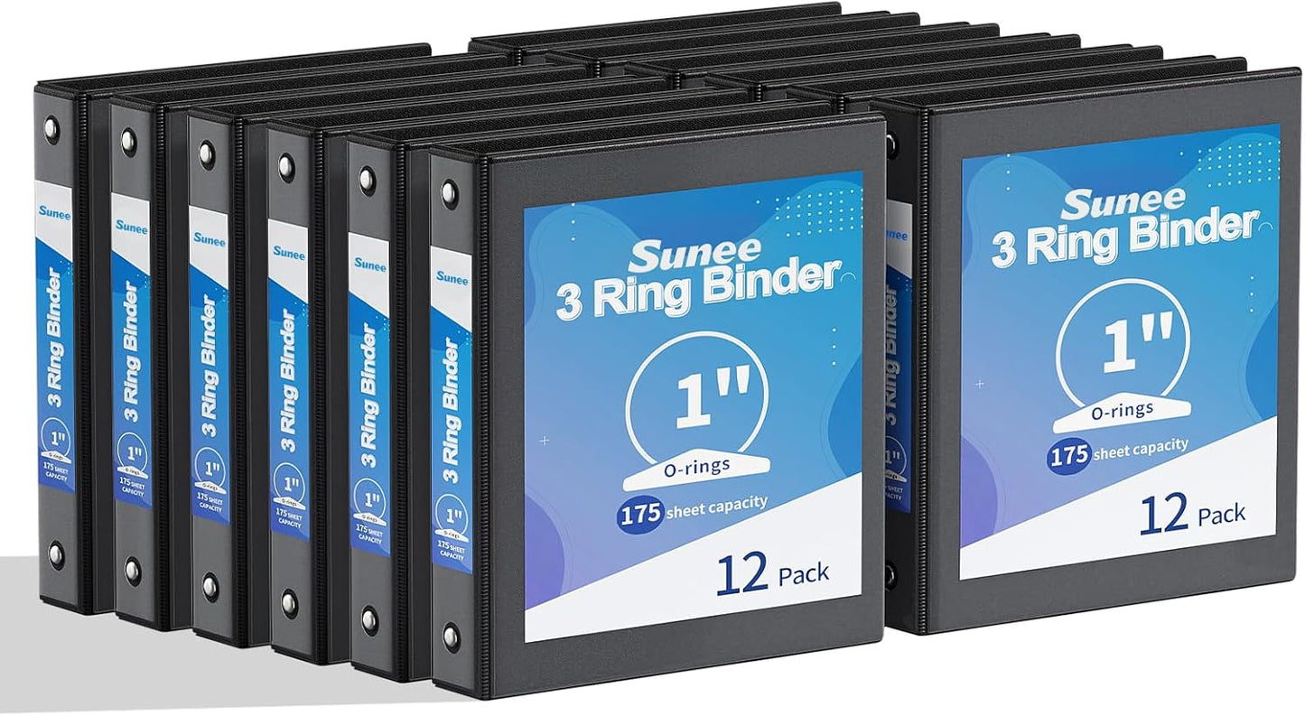 SUNEE 3 Ring Binders 1 Inch 12 Pack, Clear View Binders Bulk Three Ring PVC-Free (Fit 8.5x11 Inches) for School or Office Business Supplies, White