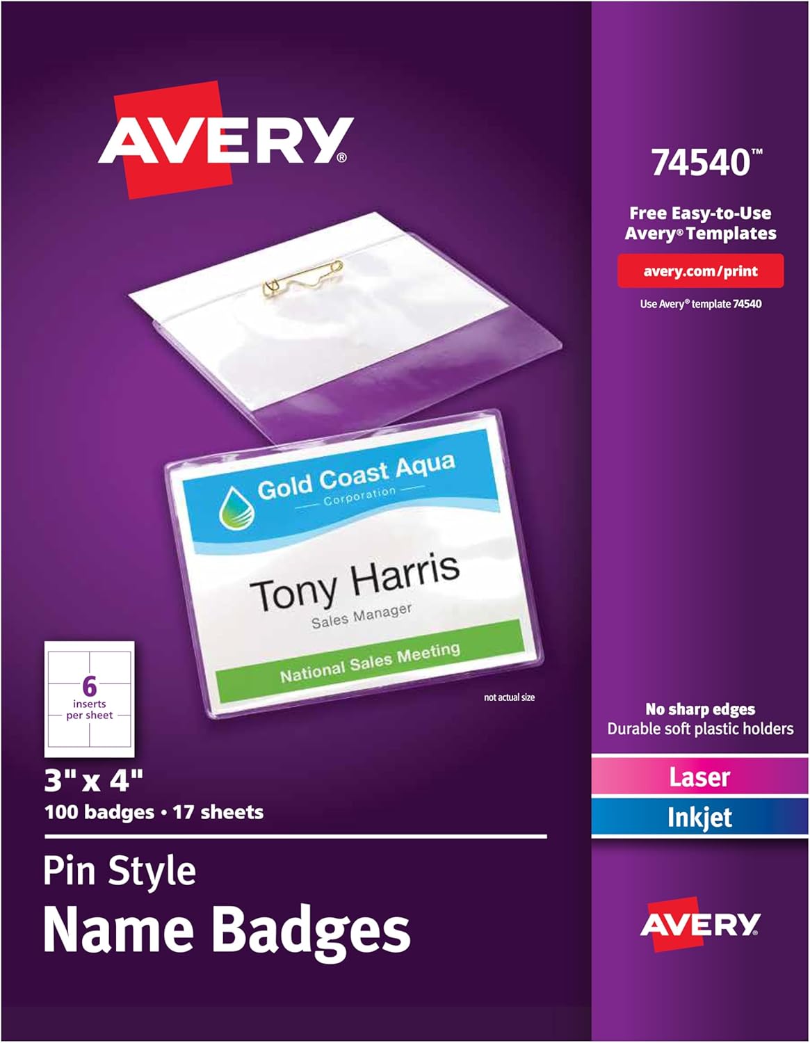 Avery Customizable Name Badges, Pin Style, 2.25" x 3.5", Clear Name Tag Holders, White Laser/Inkjet Printable Inserts, 100 Total (74549)