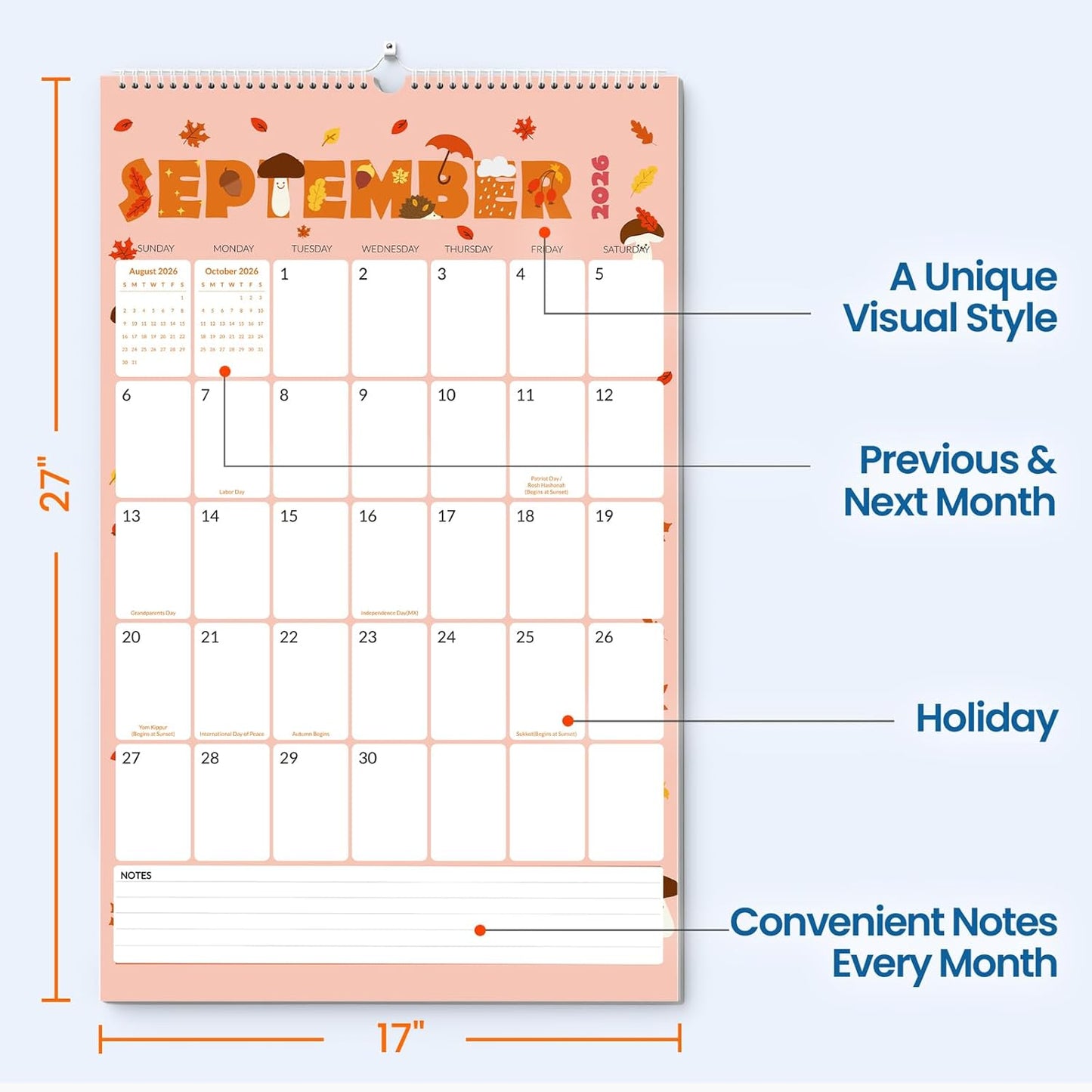SUNEE 2026 Wall Calendar Large 22.75"x15.5", 21 Month Calendar (Ends December 2027), Vertical Extra Large, Seasons Color