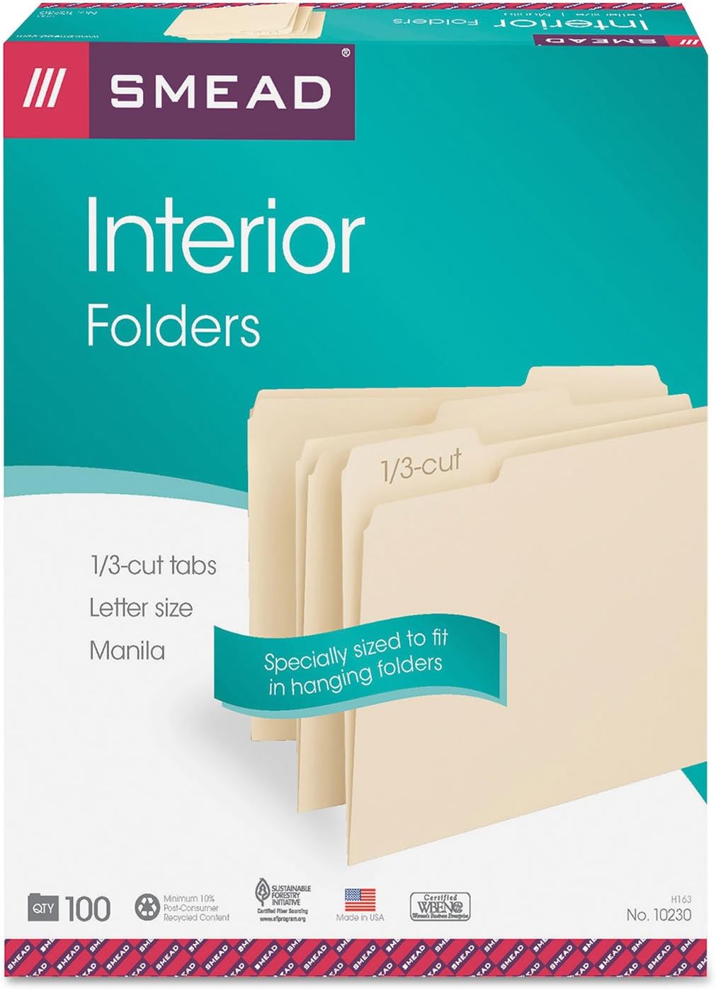 Smead Interior File Folder, 1/3-Cut Tab, Letter Size, Aqua, 100 per Box, Expandable File Folders for Filing Cabinet