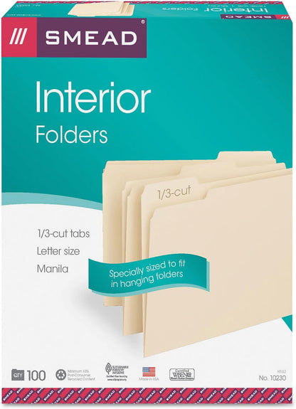 Smead Interior File Folder, 1/3-Cut Tab, Letter Size, Aqua, 100 per Box, Expandable File Folders for Filing Cabinet