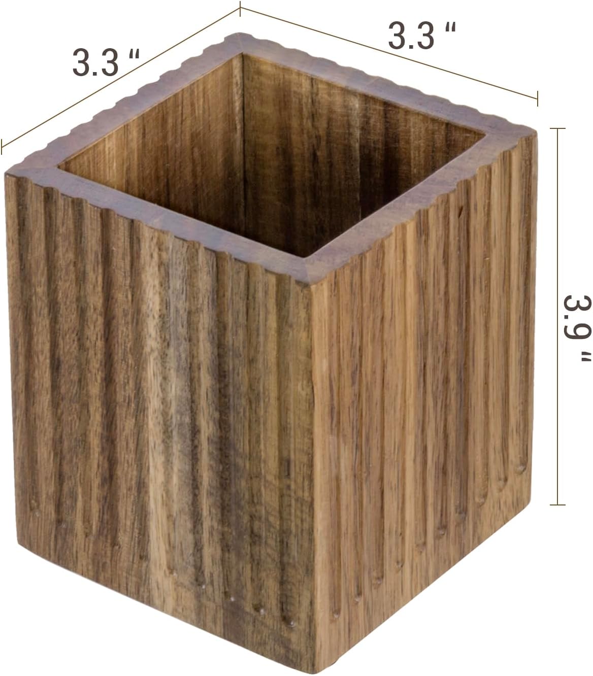 MyGift Premium Acacia Solid Wood Pen Pencil Cup with Textured Fluted Design, Desktop Wooden Office Supply Organizer Holder