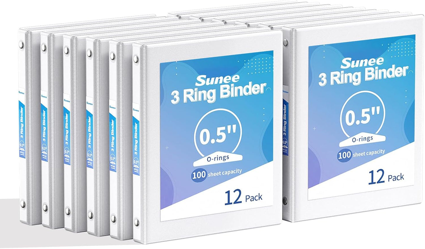 SUNEE 3 Ring Binders 1 Inch 12 Pack, Clear View Binders Bulk Three Ring PVC-Free (Fit 8.5x11 Inches) for School or Office Business Supplies, White