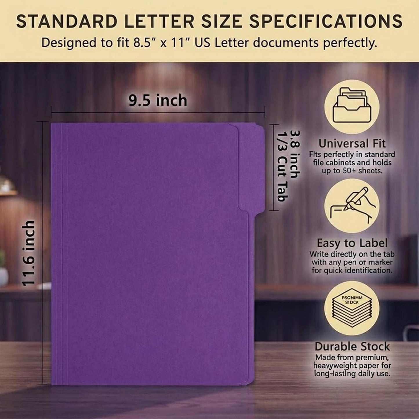 VZCPYTPM 100 Packs Black File Folder,Manilla File Folders Letter Size,1/3-Cut Tabs,8.5x11 File Folders for Office Filing,School Projects and Home,Organizer File Folder