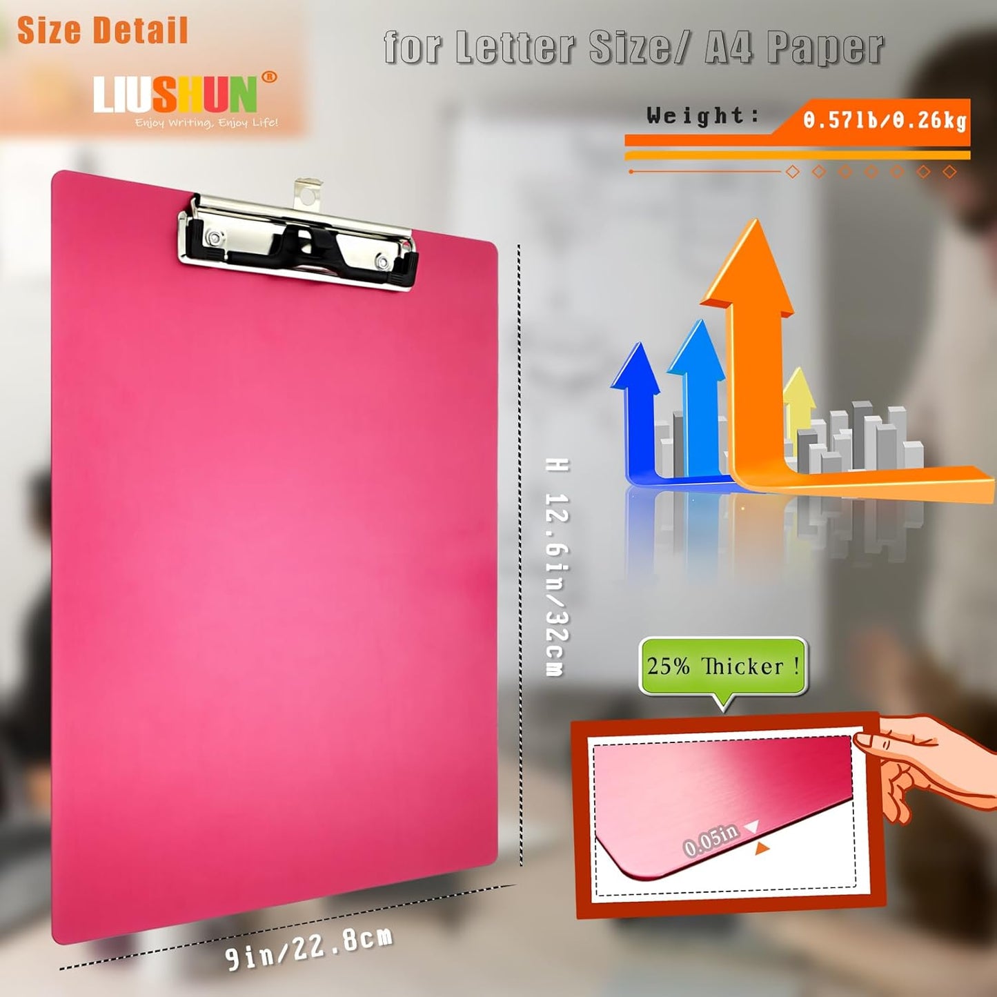Aluminum Metal Clipboard Stainless Hangable Pen Holder Low-Profile Clip Board Size A4 9" x 12.6" with Sticky Note for School Office Business Medical Professionals Workshop Factory (Pink, Aluminum-A4)