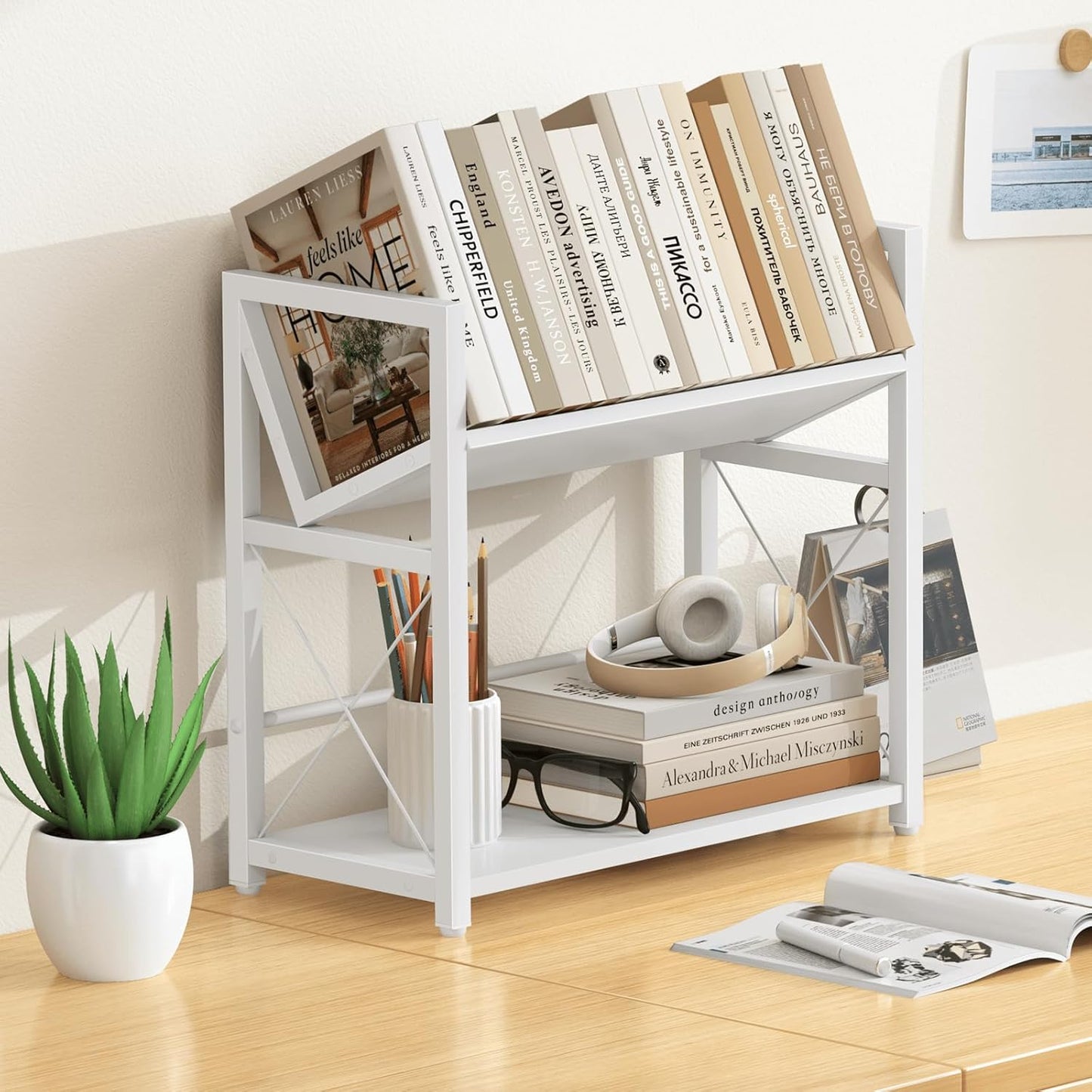 ELITEROO Desktop Bookshelf, 2 Tier Desk Shelf Organizer, Wooden Tabletop Bookcase, Small Desk Top Book Rack for Office, Home, Bedroom, Small Space Storage and Display, Rustic Brown