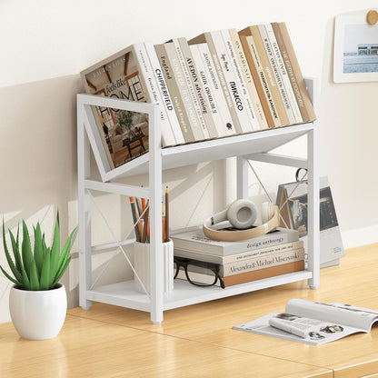 ELITEROO Desktop Bookshelf, 2 Tier Desk Shelf Organizer, Wooden Tabletop Bookcase, Small Desk Top Book Rack for Office, Home, Bedroom, Small Space Storage and Display, Rustic Brown