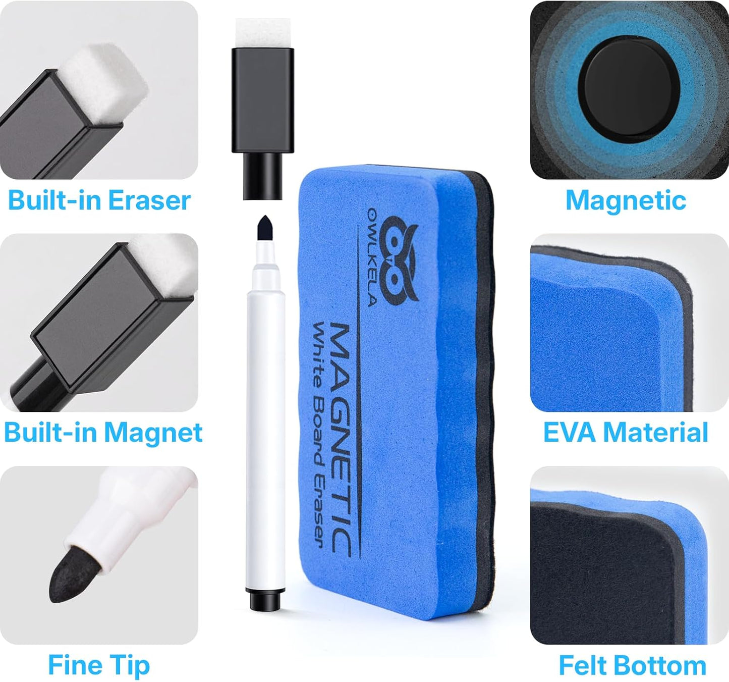 OWLKELA 10 Pcs Black Magnetic Erasable Markers for Whiteboard, Dry Erase Markers with Eraser, Low Odor Magnetic Eraser, White Board Markers for Office, Classroom, Home