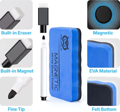 OWLKELA 10 Pcs Black Magnetic Erasable Markers for Whiteboard, Dry Erase Markers with Eraser, Low Odor Magnetic Eraser, White Board Markers for Office, Classroom, Home