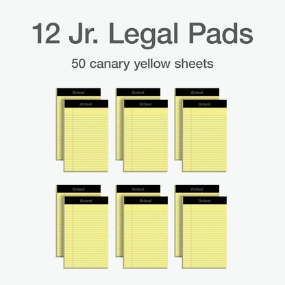 Oxford Premium Legal Pads, 12 Pack, Premium Note Pads, 50 Jr. Legal Ruled 5" x 8" Sheets, Canary Yellow Paper with Firm Back, Small Portable Notepads