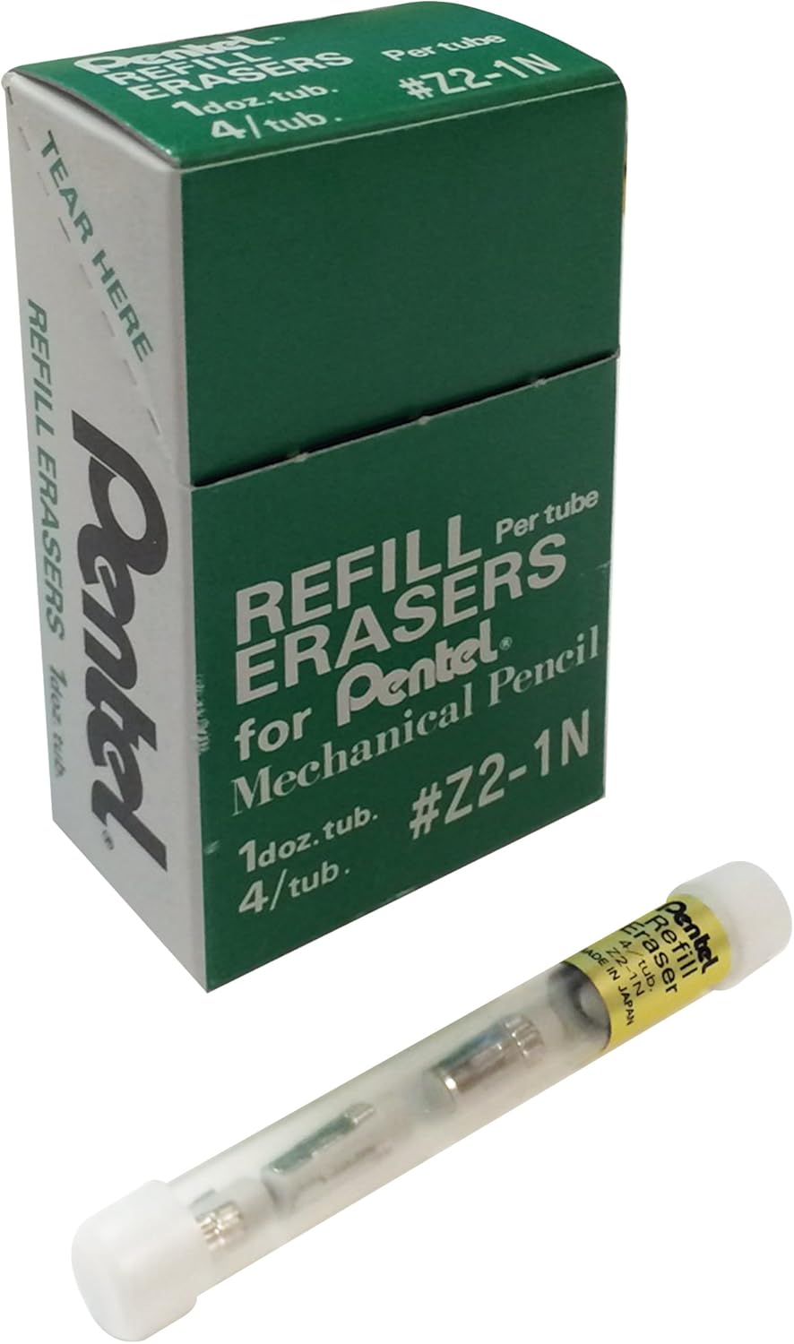 Pentel Refill Eraser for Mechanical Pencils, White, 12 Tubes, 4 Erasers Per Tube (Z2-1N)