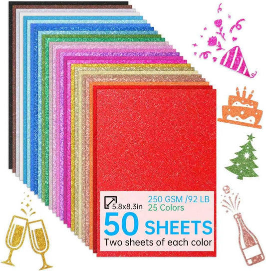 50 Sheets in 25 Colors Glitter Cardstock, Standard A5-Size Glossy Cardstock, Premium No-Shed Sparkly Cricut Cardstocks for Crafting Decorations, Cards, Scrapbooks, And DIY Projects