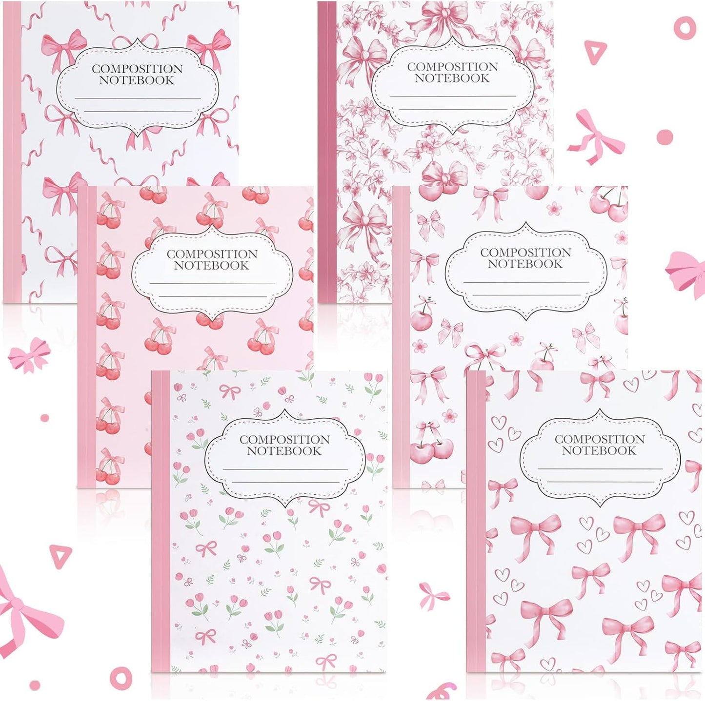 Fullhawl 6 Pcs Bow Composition Notebooks, Preppy Coquette Notebook College Ruled Journal, 110 Page, Cute Back to School Gift for Teacher, Student, First Day of Schooll(Pink,9-3/4 x 7-1/2")