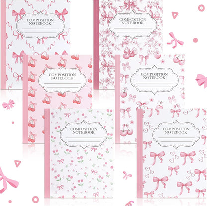 Fullhawl 6 Pcs Bow Composition Notebooks, Preppy Coquette Notebook College Ruled Journal, 110 Page, Cute Back to School Gift for Teacher, Student, First Day of Schooll(Pink,9-3/4 x 7-1/2")