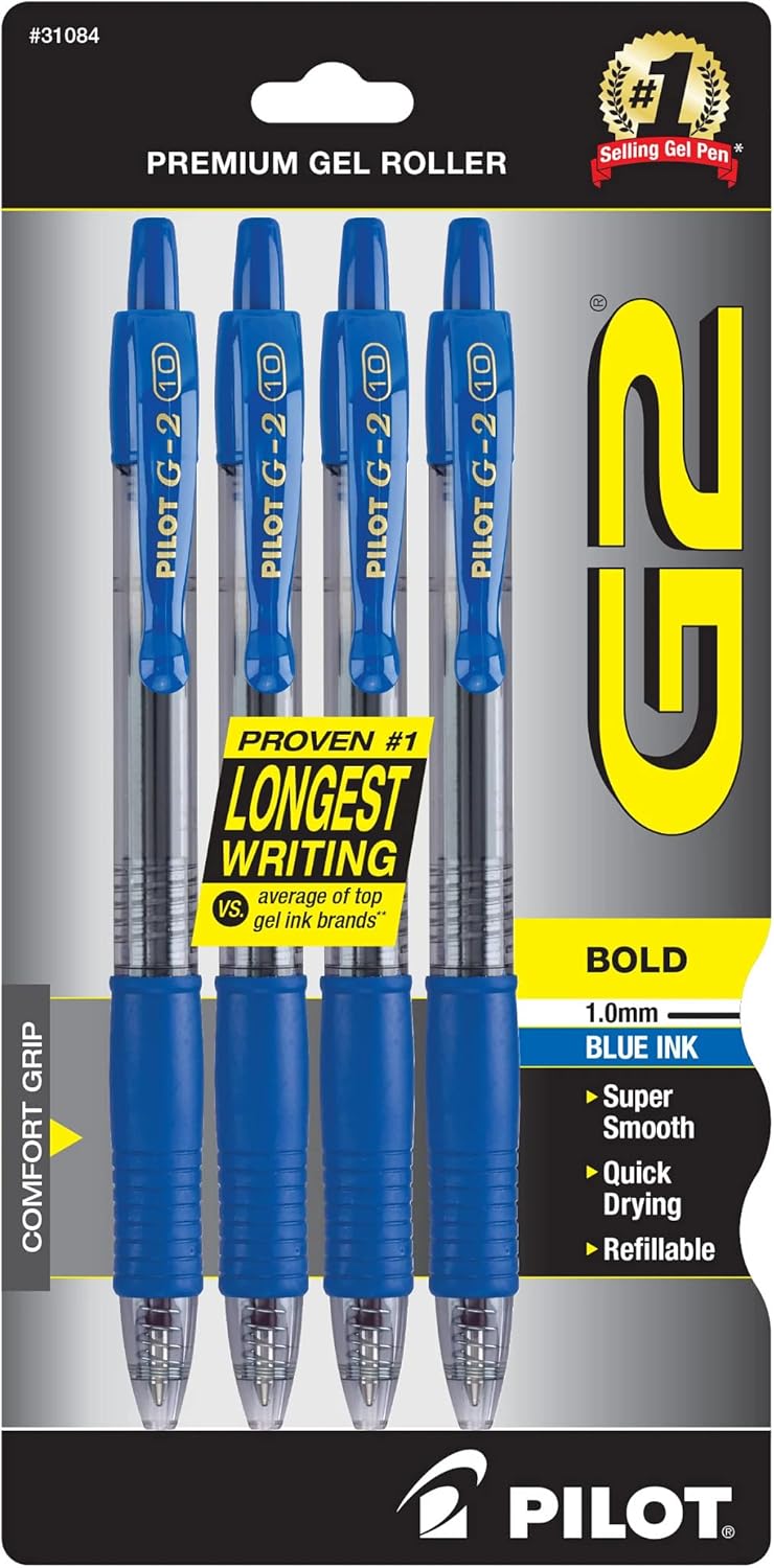 PILOT G2 Premium Refillable and Retractable Rolling Ball Gel Pens, Bold Point, Black Ink, 4-Pack (31254)