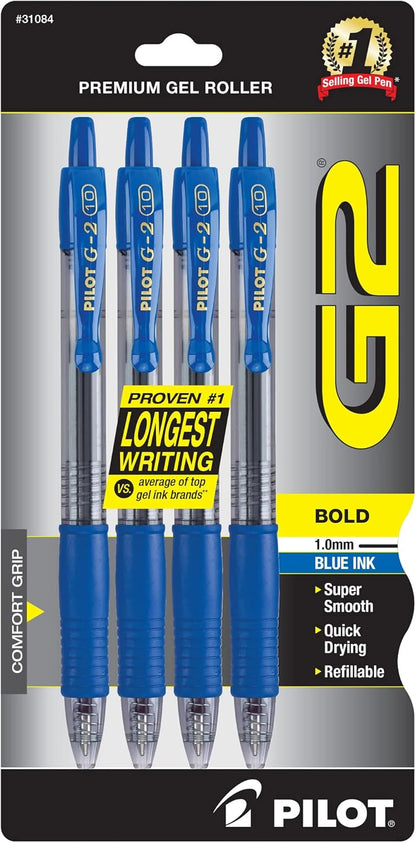 PILOT G2 Premium Refillable and Retractable Rolling Ball Gel Pens, Bold Point, Black Ink, 4-Pack (31254)