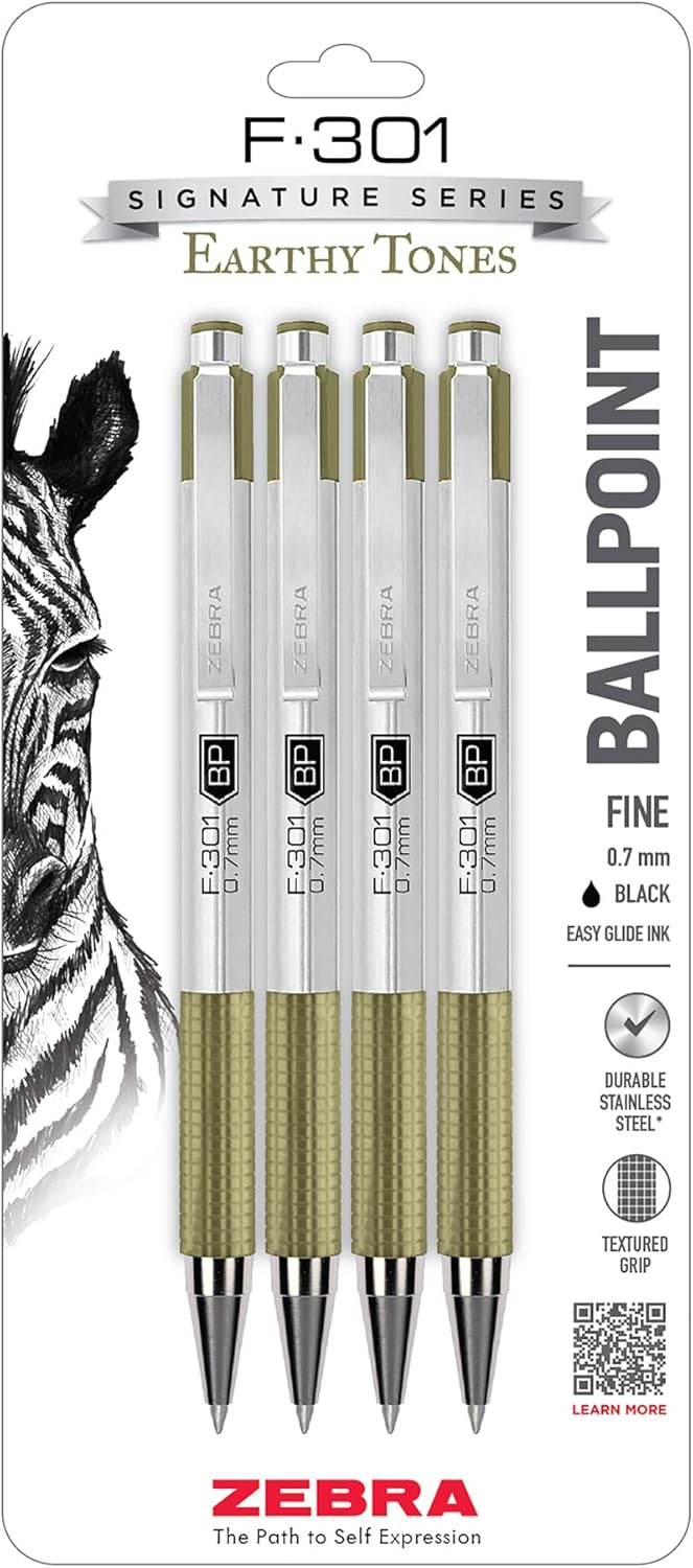 Zebra Pen F-301 Ballpoint Black, Blue, Red and Green Ink, Fine Point 0.7mm Pen, Easy-Glide Ink, Stainless Steel Retractable, Non-Slip Grip, Professional Design, Ideal for Office, 4-Pack (27174)