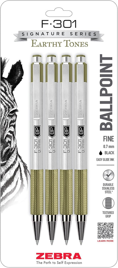 Zebra Pen F-301 Ballpoint Black, Blue, Red and Green Ink, Fine Point 0.7mm Pen, Easy-Glide Ink, Stainless Steel Retractable, Non-Slip Grip, Professional Design, Ideal for Office, 4-Pack (27174)