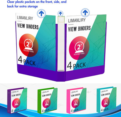 2 Inch Binders, Round 2" 3 Ring Binder, Customizable View Binder with Pockets, Assorted Colors, 4 Pack