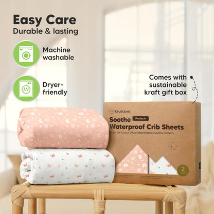 2-Pack Waterproof Crib Sheets for Boys, Girls - 52x28 Fitted Organic Cotton Baby Crib Sheets, Toddler Mattress Protector Cover, Washable, Soft & Durable Baby Bedding Essentials(Pine Grove)