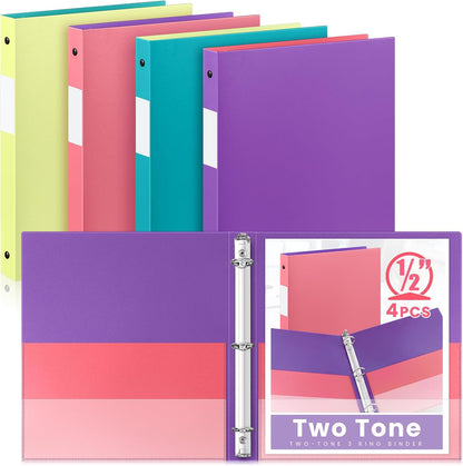 Henoyso 4 Pack Plastic Two-Tone View 3 Ring Binder, 1 Inch Round Ring Binder with Four Inner Pockets, Heavy Duty View Binders for School and Office, Pink, Teal, Purple and Lime (Clear Font Pocket)