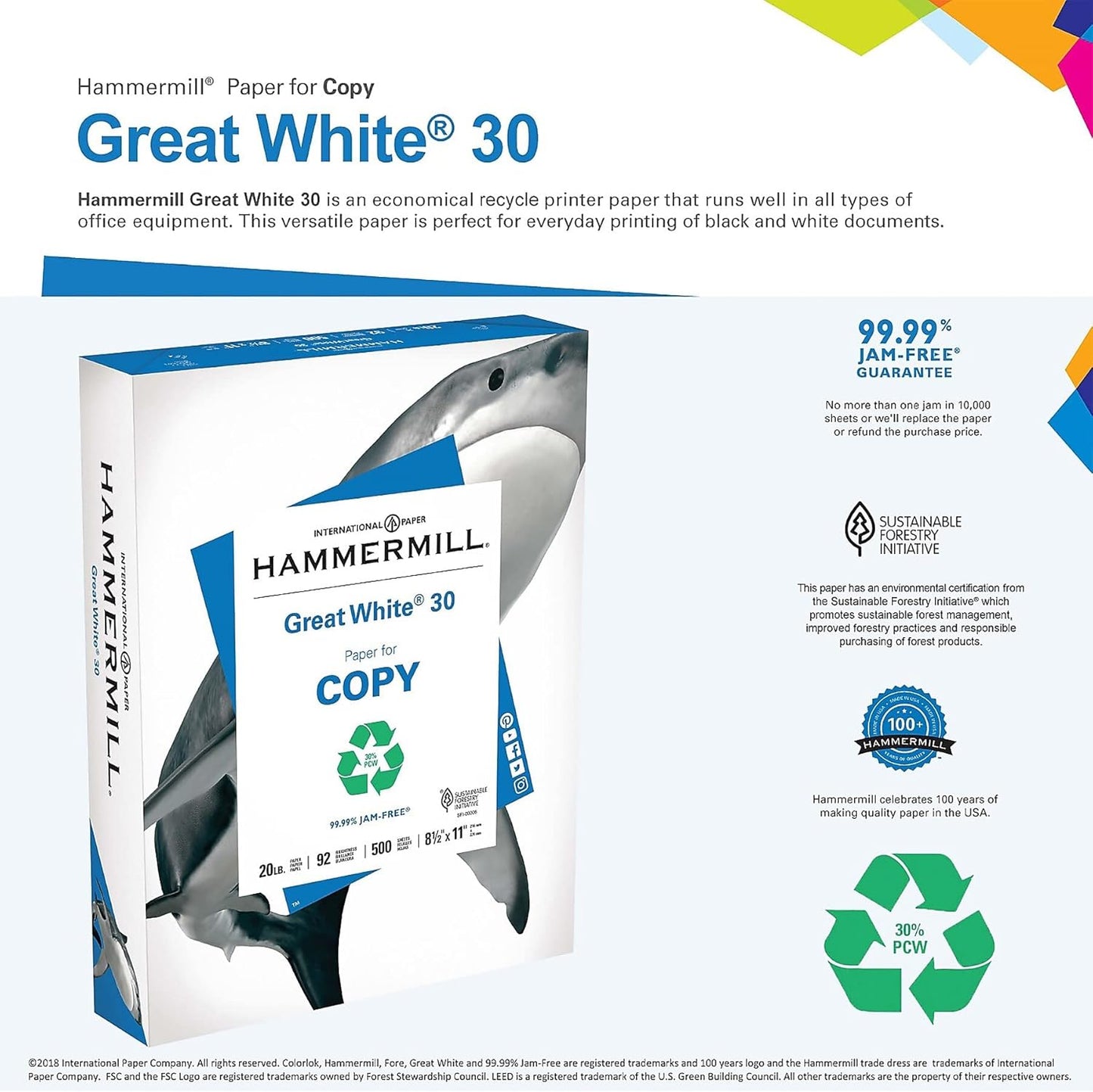 Hammermill Printer Paper, Great White 30% Recycled Paper, 8.5 x 11 - 3 Ream (1,500 Sheets) - 92 Bright, Made in the USA