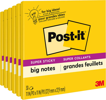Post-it Super Sticky Big Notes, 11 in. x 11 in., Extra Large Sticky Notes Yellow, 1 Pad, 30 Sheets, Great for Vision Boards, Creative Projects, Study Spaces, Group Brainstorming, and More