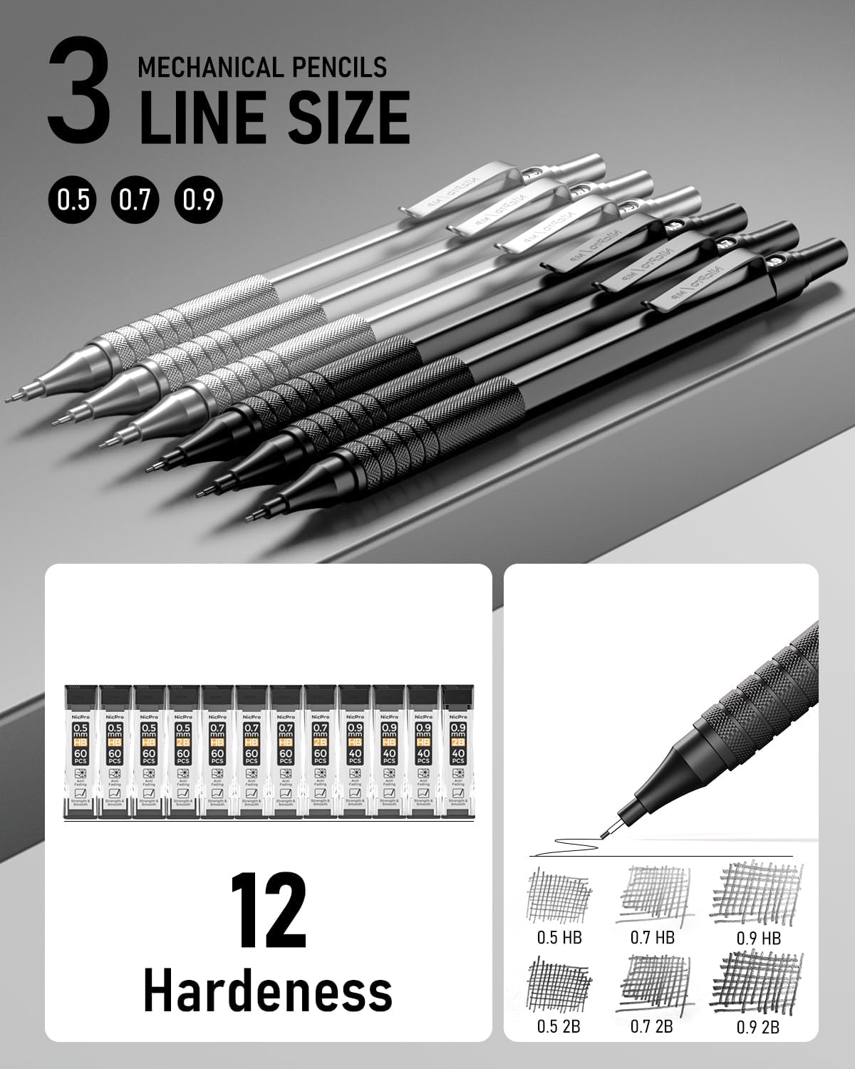 Nicpro 0.5 mm Mechanical Pencils Set with Case, 3 Metal Artist Pencil With 480PCS HB Lead Refills, 3 Erasers,9 Eraser Refills For Architect Art Writing Drafting, Drawing, Engineering, Sketching, Black