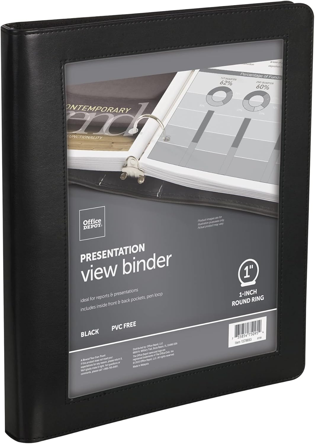 Office Depot® Brand Premium Leatherette Presentation View 3-Ring Binder, 1" Round Rings, Black
