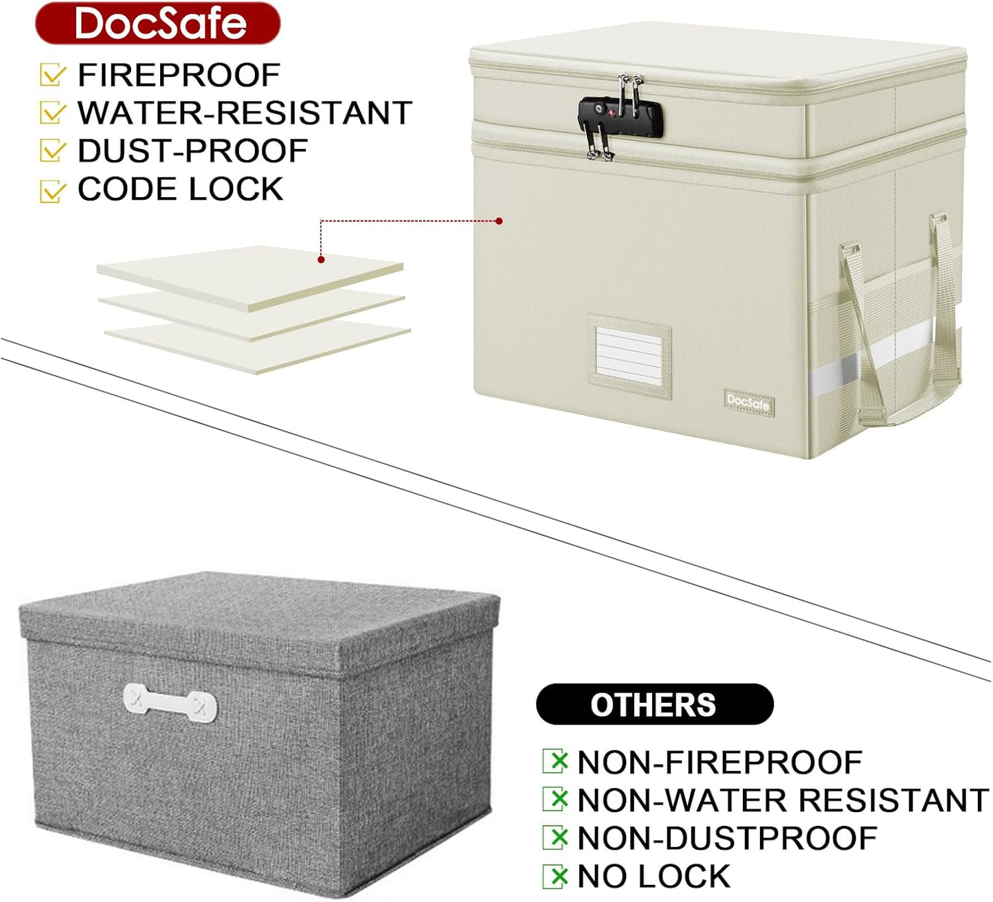 DocSafe File Box with Lock,Multi-Layer Fireproof Document Box Collapsible File Storage Organizer with Pockets/Handle,Large Portable Home Office Filing Safe for Hanging Letter/Legal Size Folders,Black