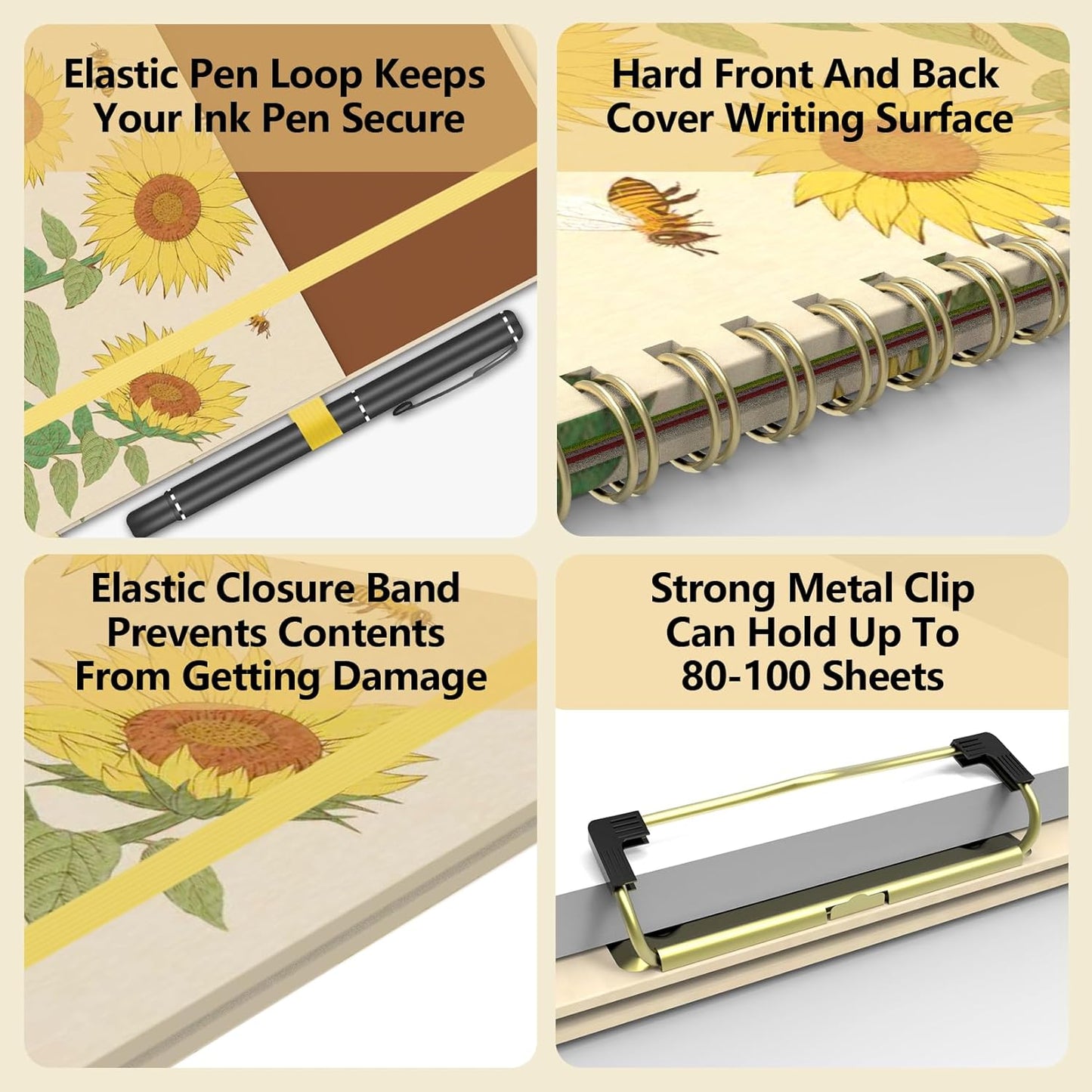 Clipboard Folder with Notepad Refillable Lined for Letter Size (11" x 8.5"), 5 Dividers with Storage 10 Pockets, Cute Spiral Foldable Clipboard with Metal Clip School Office Supplies (Sunflowers)