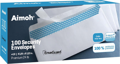 Aimoh 500#10 Security Self Seal Envelopes, Windowless, Premium Security Tint Pattern, Ultra Strong Quick Seal Closure, EnveGuard, Size 4-1/8 x 9-1/2", White, 24LB, 500 Count(34010)