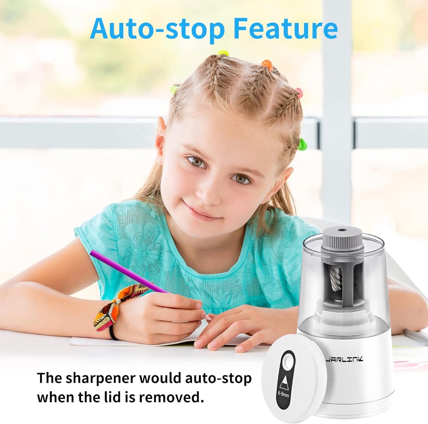 JARLINK Electric Pencil Sharpener, Heavy-Duty Helical Blade to Fast Sharpen, Auto Stop for No.2/Colored Pencils(6-8mm), AC Adapter/Battery Operated in School Classroom/Office/Home (Black)