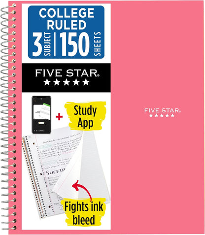 Five Star Spiral Notebook + Study App, 3 Subject, College Ruled Paper, 8-1/2" x 11", 150 Sheets, Fights Ink Bleed, Water Resistant Cover, Amethyst Purple (38746)