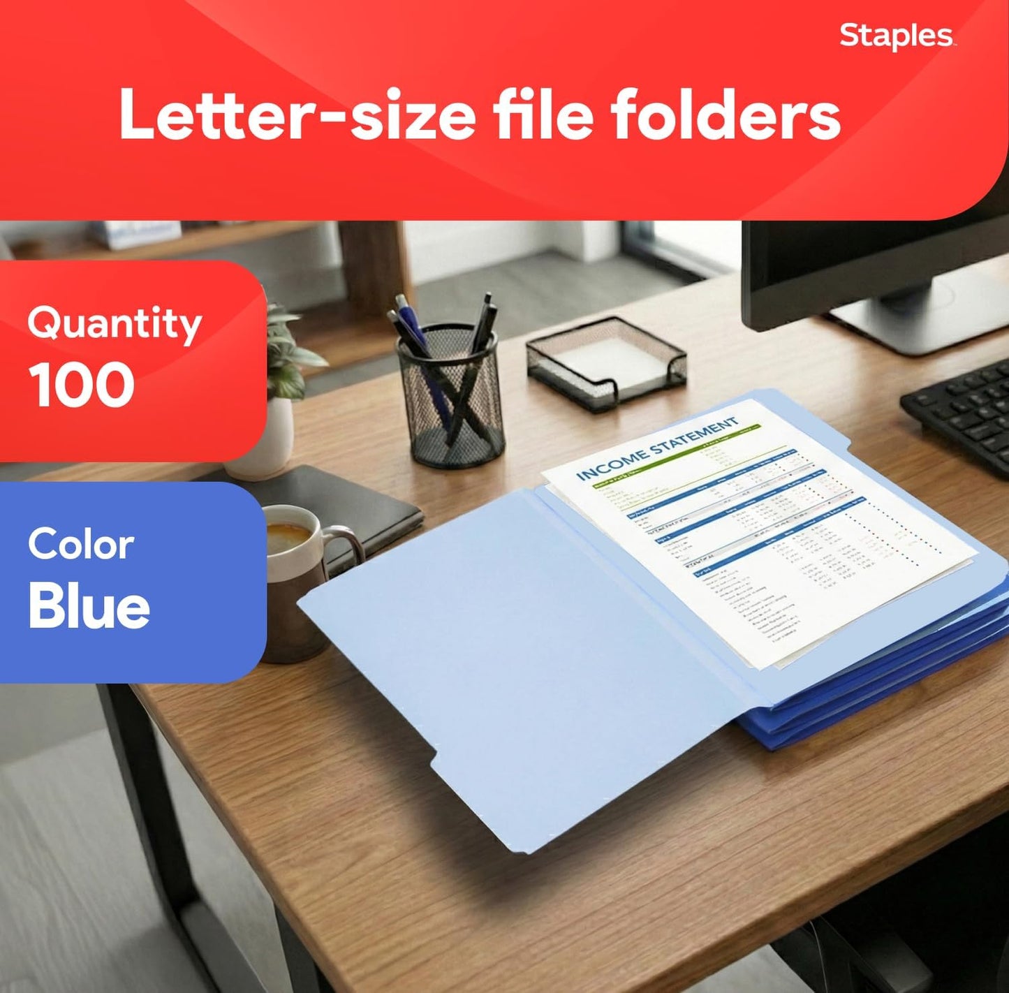 Staples File Folders, Letter Size, 1/3‑Cut Tabs, Purple, Durable 10.5‑Point Paper Stock, 100/Pack