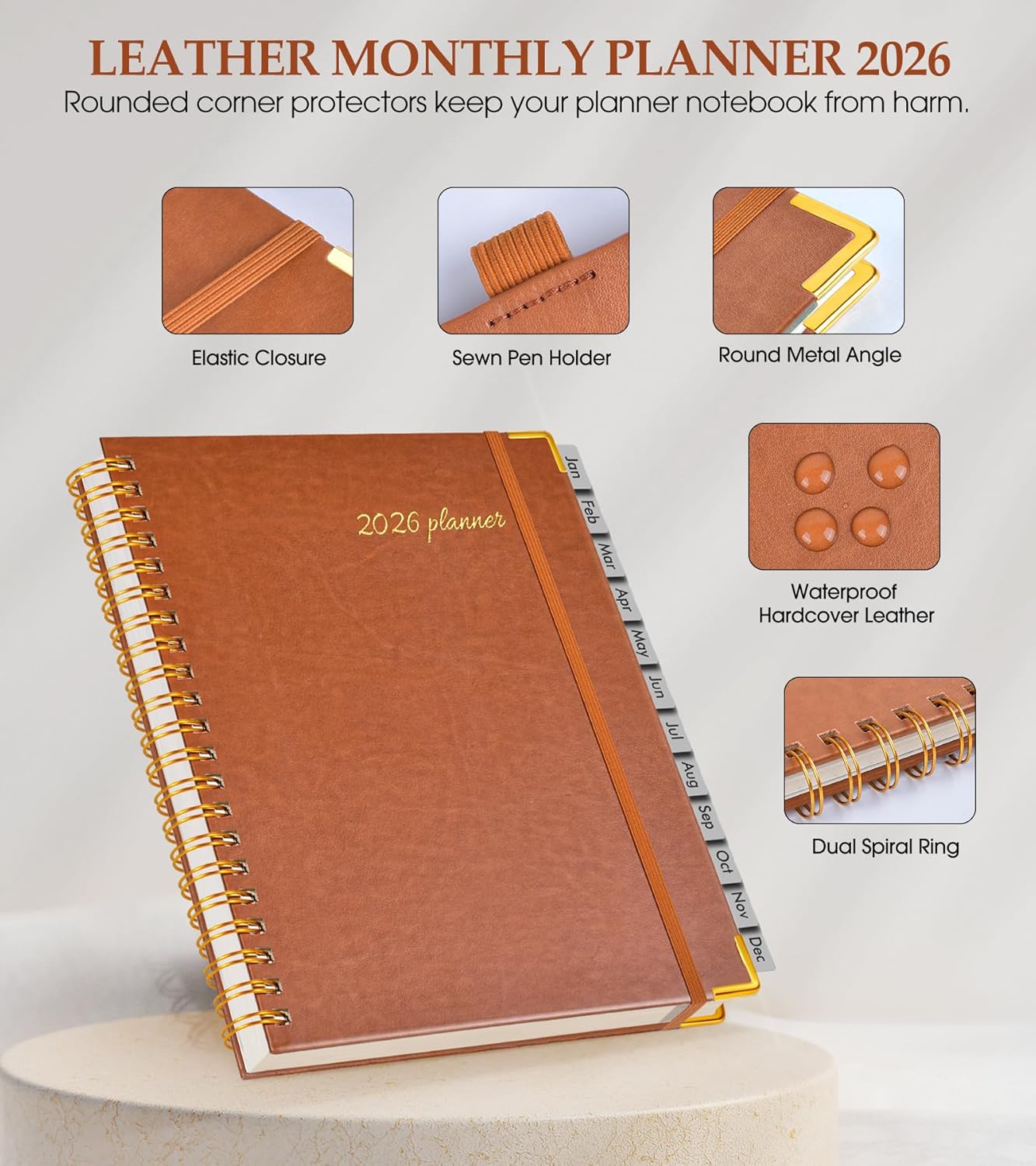 2026 Planner, Weekly and Monthly Calendar Planner from January 2026 - December 2026, 8.5" x 11" Hardcover Leather Hourly Appointment Book with Tabs, Spiral Daily Planners for School Work Home, Green