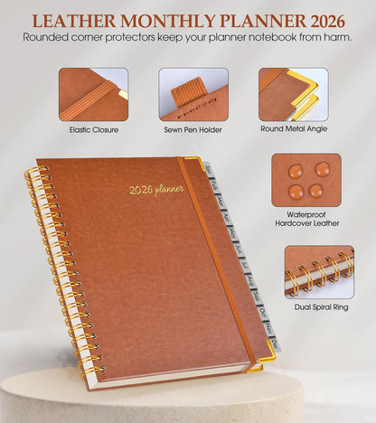 2026 Planner, Weekly and Monthly Calendar Planner from January 2026 - December 2026, 8.5" x 11" Hardcover Leather Hourly Appointment Book with Tabs, Spiral Daily Planners for School Work Home, Green