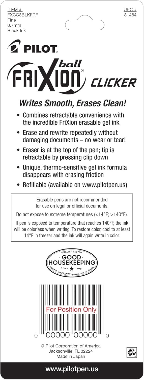 PILOT FriXion Clicker Erasable Pens, Refillable & Retractable Gel Ink Pens, Fine Point 0.7 mm, Black Ink, 3-Pack - Ideal for School, Journaling, & Office Writing