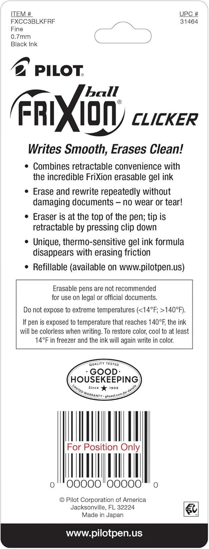 PILOT FriXion Clicker Erasable Pens, Refillable & Retractable Gel Ink Pens, Fine Point 0.7 mm, Black Ink, 3-Pack - Ideal for School, Journaling, & Office Writing