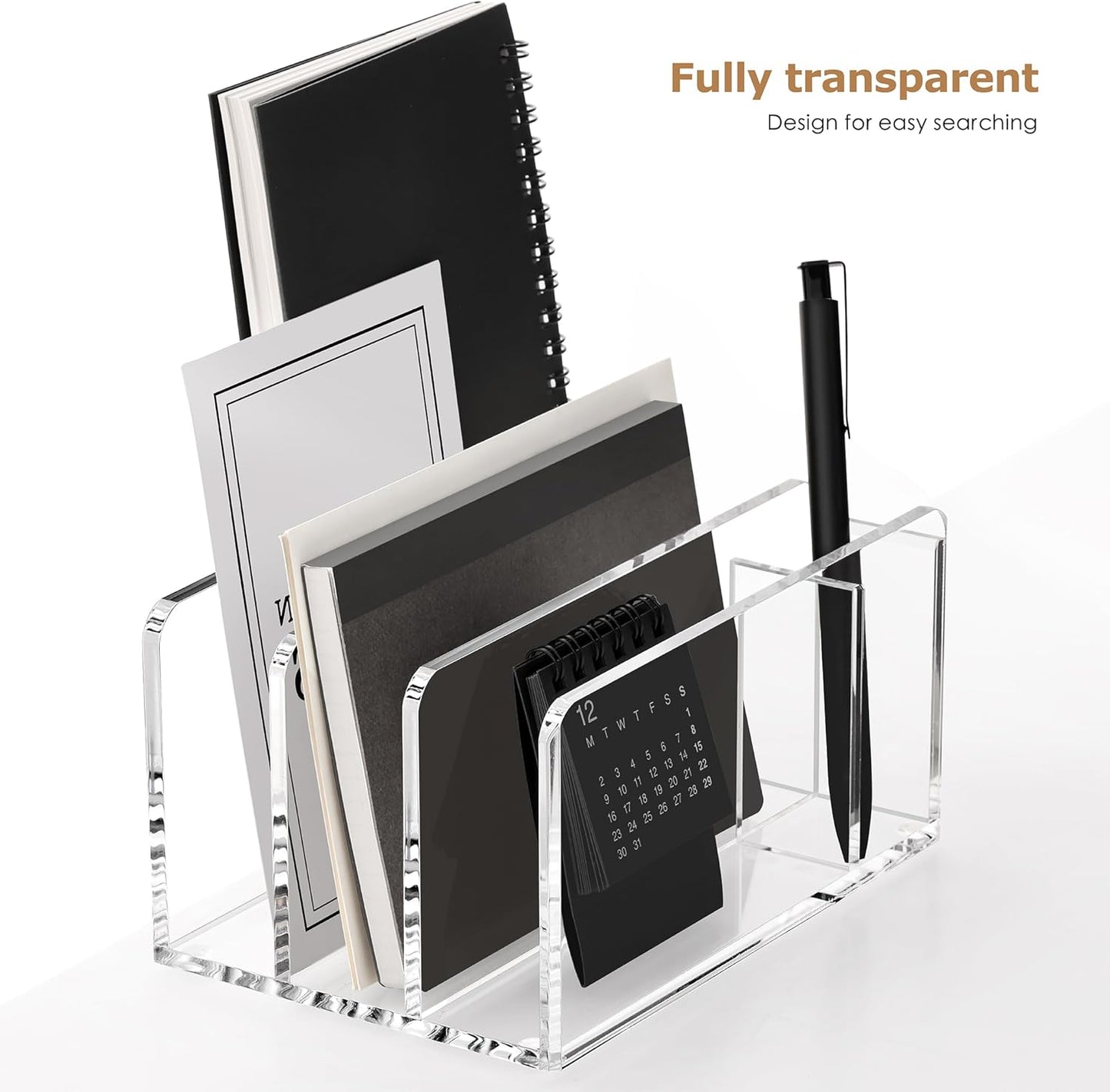SANRUI 5 Compartments Acrylic Mail Sorter Holder, Clear Document Magazine Envelope File Rack, Vertical Letter Sorter & Multifunction Desk Organizer for Bills, Documents, Notebooks