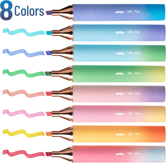 Mr. Pen- Glitter Highlighters, 8 Pack, Sunshine Colors, Chisel Tip Glitter Highlighter Markers for Journaling, Notes, Planners & Creative Highlighting