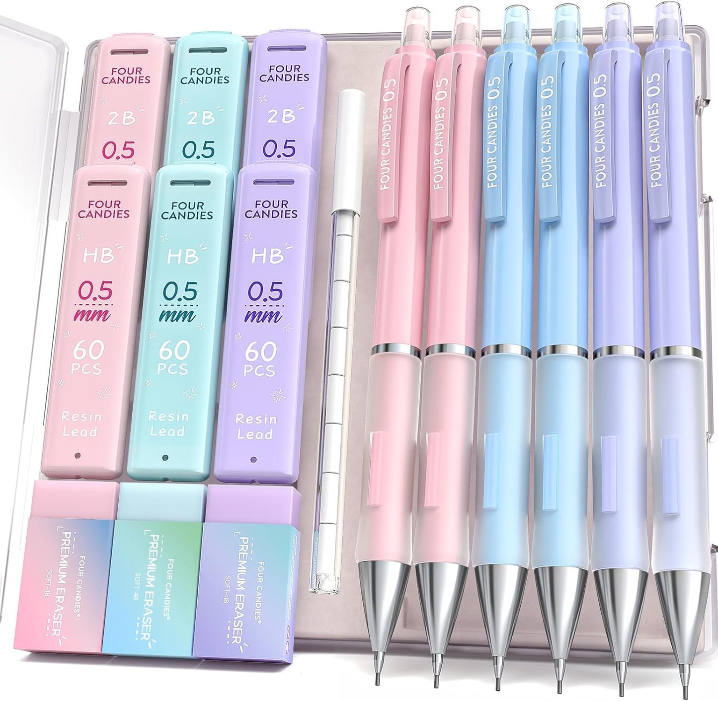 Four Candies Mechanical Pencil Set - 0.7mm (Medium Point), 6PCS Cute Pencils Mechanical with 360PCS (HB & 2B) Lead Refills & 12PCS Erasers & 1PCS Storage Case, Pastel Aesthetic Lead Pencils for School